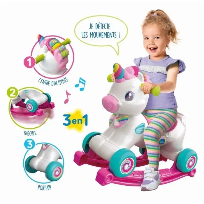 Clementoni - Licorne à bascule et à roues - Rose - Capteur de caresse et détecteur de mouvement - Jouet interactif évolutif pour enfant