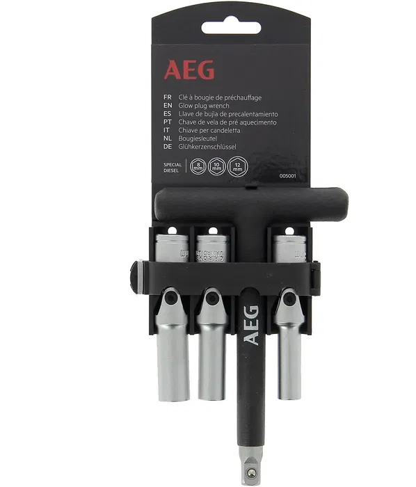 AEG - Clé à bougie de préchauffage Diesel avec 3 douilles 8, 10, 12 mm, poignée en T antidérapante et acier inoxydable