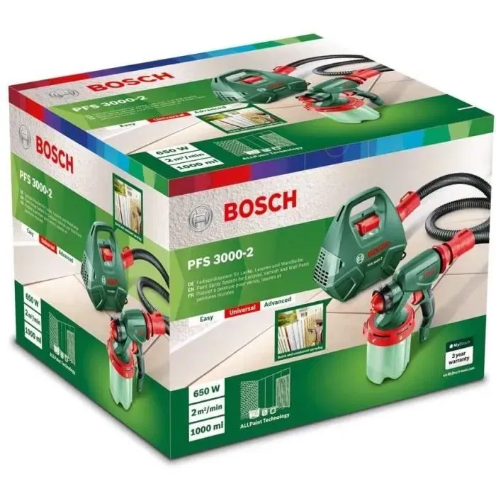 Bosch PFS 3000-2 Pistolet à peinture 650W Basse pression pour intérieur et extérieur - Revêtement murs, application peinture, laque, vernis, lasure Bosch PFS 3000-2 Pistolet à peinture 650W Basse pression pour intérieur et extérieur - Revêtement murs, application peinture, laque, vernis, lasure