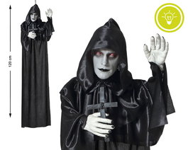 Monje Colgante, Figurine Décorative d'Halloween avec Capuche et Croix Lumineuse (120 cm) - Éclairage LED et Yeux Rouges, pour Ambiance Horreur et Mystère