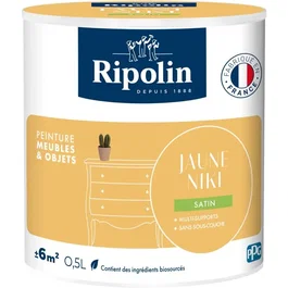 Ripolin - Peinture pour meubles et objets - Jaune Niki - Finition satinée - 0,5L - Intérieur et extérieur - Application facile sans sous-couche - 10% ingrédients biosourcés