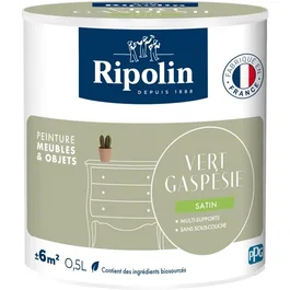 Ripolin Peinture pour Meubles et Objets Vert Gaspésie Satiné 0.5 L - Application sans sous-couche, pour intérieur et extérieur, à base d'ingrédients biosourcés