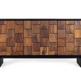 GINER Y COLOMER - Buffet moderne en bois de manguier et sheesham 160 cm, finition wengué-noyer, 3 portes à système push, 3 étagères, 75x160x40 cm