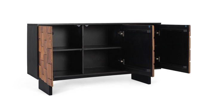 GINER Y COLOMER - Buffet moderne en bois de manguier et sheesham 160 cm, finition wengué-noyer, 3 portes à système push, 3 étagères, 75x160x40 cm