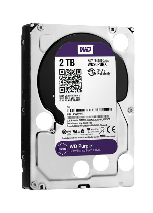 Western Digital Disque Dur Interne 2 To WD Purple pour Surveillance - 3.5" SATA 6 Gb/s, 5400 RPM, 64 Mo, Prise en Charge Jusqu'à 64 Caméras, Taux de Charge de Travail 180 To/An