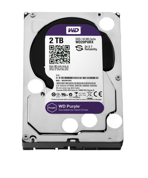 Western Digital Disque Dur Interne 2 To WD Purple pour Surveillance - 3.5" SATA 6 Gb/s, 5400 RPM, 64 Mo, Prise en Charge Jusqu'à 64 Caméras, Taux de Charge de Travail 180 To/An