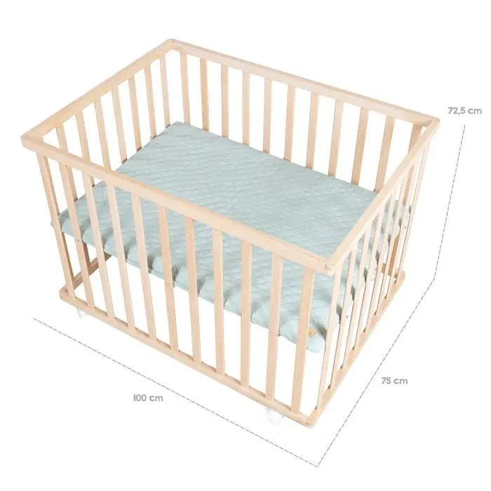 Roba - Parc bébé Roba Style en bois de hêtre massif bio - 75 x 100 cm - Tapis vert givré inclus - Réglable en hauteur - 4 roulettes avec freins - Norme EN 12227