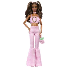 Barbie JJN72 - Poupée Deluxe Style avec tenue denim rose coeur, jean évasé et accessoires fashion - Pour enfant dès 4 ans