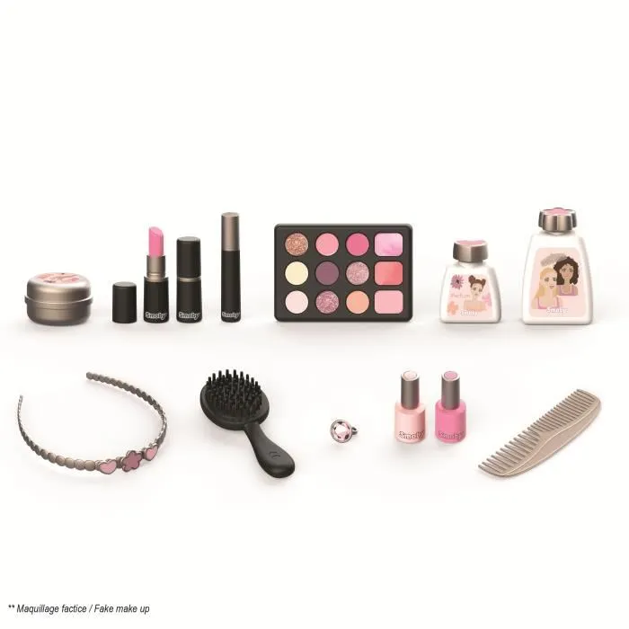 Smoby My Beauty Vanity - Coffret de maquillage, coiffure et ongles pour fille - 13 accessoires factices, miroir et rangements - Fabrication française - Dès 3 ans