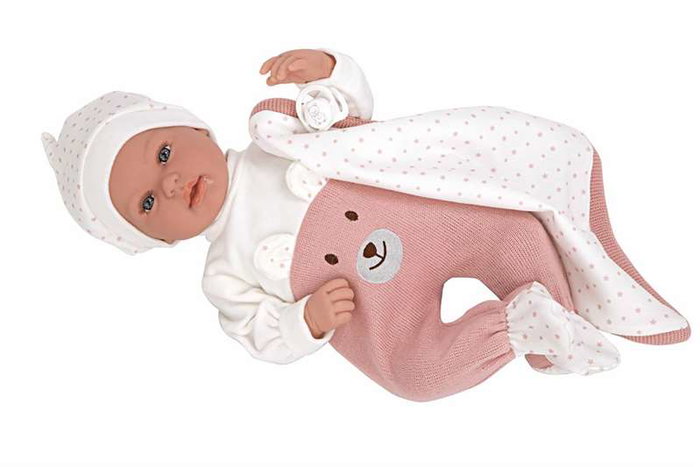 Poupée Arias Elegance Mies, 45 cm, rose, avec couverture et mécanisme de rire (Try Me), fonctionne avec piles LR44, pour enfants dès 3 ans
