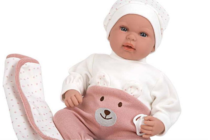 Poupée Arias Elegance Mies, 45 cm, rose, avec couverture et mécanisme de rire (Try Me), fonctionne avec piles LR44, pour enfants dès 3 ans