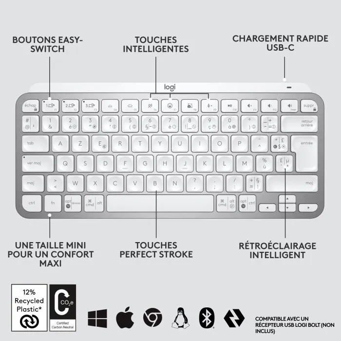 Logitech MX Keys Mini - Clavier sans fil AZERTY rétroéclairé, forme ergonomique, gris clair