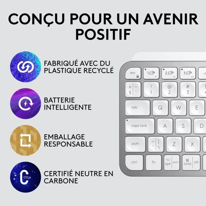 Logitech MX Keys Mini - Clavier sans fil AZERTY rétroéclairé, forme ergonomique, gris clair