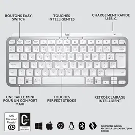Logitech MX Keys Mini - Clavier sans fil AZERTY rétroéclairé, forme ergonomique, gris clair