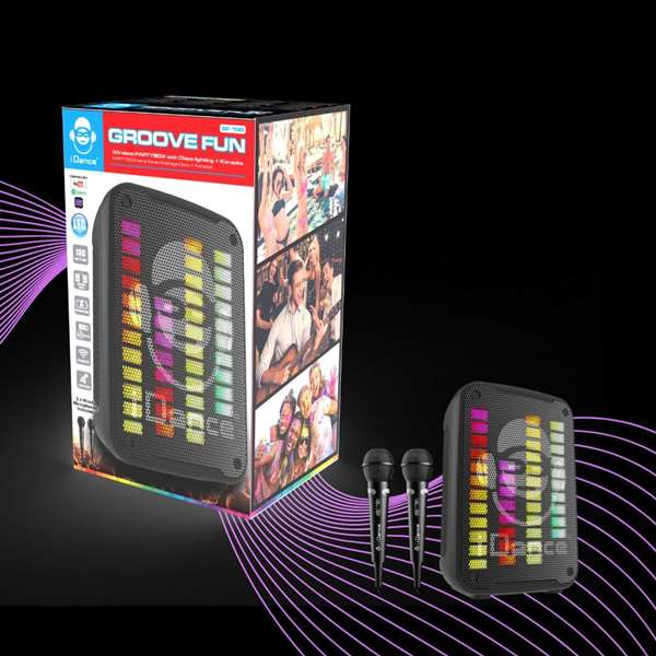 iDance KX200 - Système de karaoké avec 2 microphones sans fil, lumières disco et haut-parleur Bluetooth - Dimensions 35.6x24.2x18.5 cm - Version anglaise