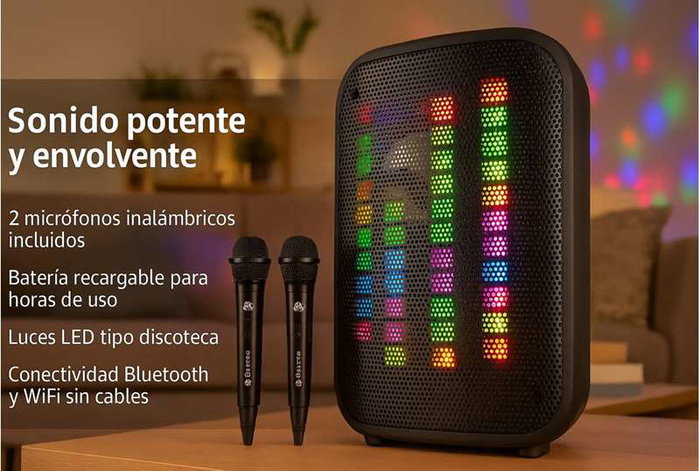 iDance KX200 - Système de karaoké avec 2 microphones sans fil, lumières disco et haut-parleur Bluetooth - Dimensions 35.6x24.2x18.5 cm - Version anglaise iDance KX200 - Système de karaoké avec 2 microphones sans fil, lumières disco et haut-parleur Bluetooth - Dimensions 35.6x24.2x18.5 cm - Version anglaise