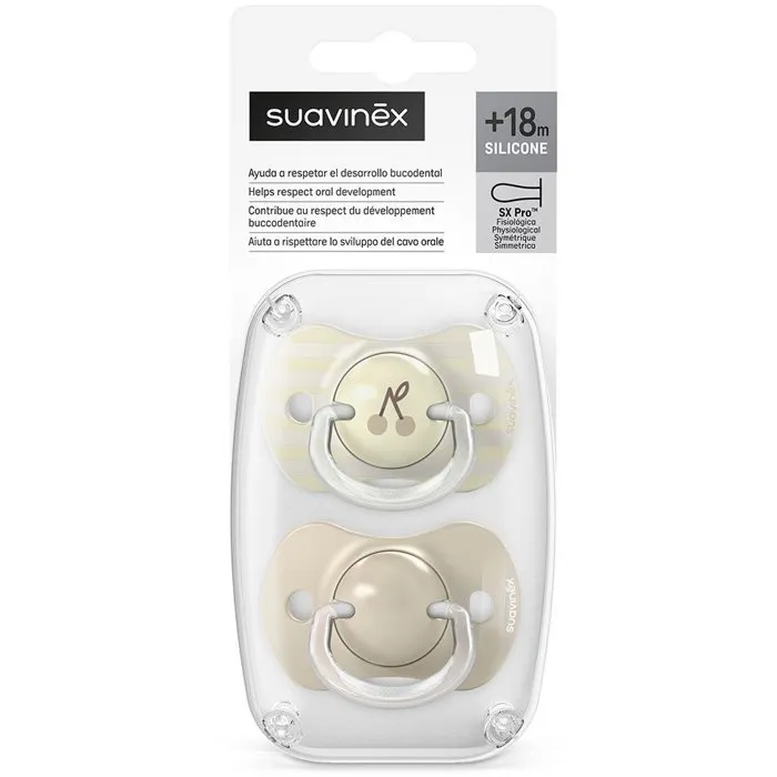 Suavinex - Lot de 2 sucettes Birdies SX Pro, 18 mois et plus, beige, tétrine ergonomique pour développement bucco-dentaire naturel