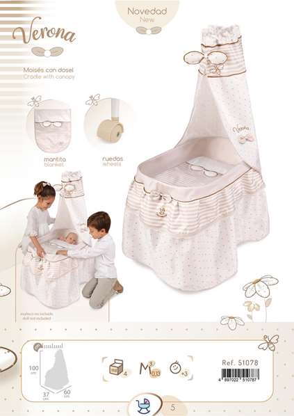 Decuevas Moïse Verona pour poupées jusqu'à 60 cm - Lit bébé jouet en métal, plastique et polyester - Dimensions 37x60x100 cm