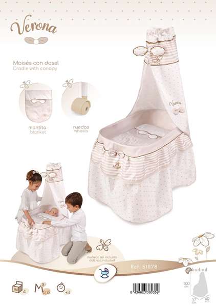 Decuevas Moïse Verona pour poupées jusqu'à 60 cm - Lit bébé jouet en métal, plastique et polyester - Dimensions 37x60x100 cm