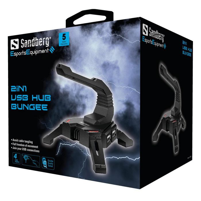 Sandberg Hub USB 4 Ports et Bungee pour câble de souris gamer - Double fonction pour éviter les emmêlements et étendre les connexions