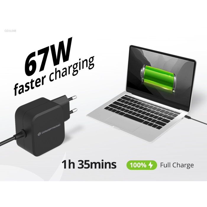 Conceptronic Chargeur mural USB-C OZUL04BE 67W GaN