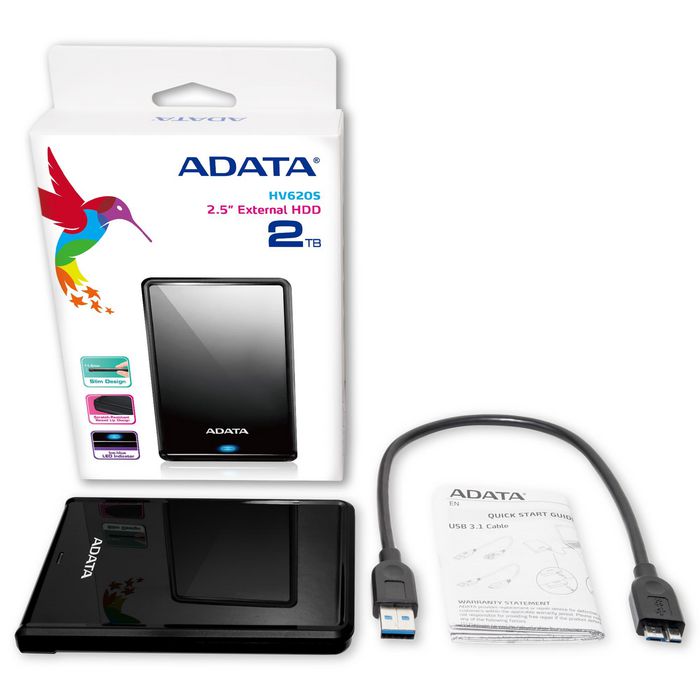 ADATA HV620S Disque dur externe portable 2 To USB 3.1 Noir - Design ultra-slim et surface miroir