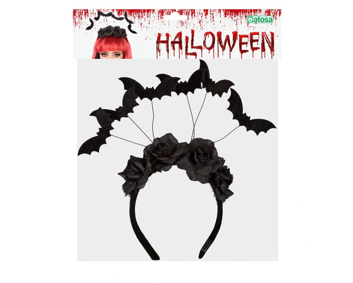 Diademe Halloween pour adulte avec décor de roses noires et chauves-souris en vol pour déguisement de vampire, sorcière ou reine gothique