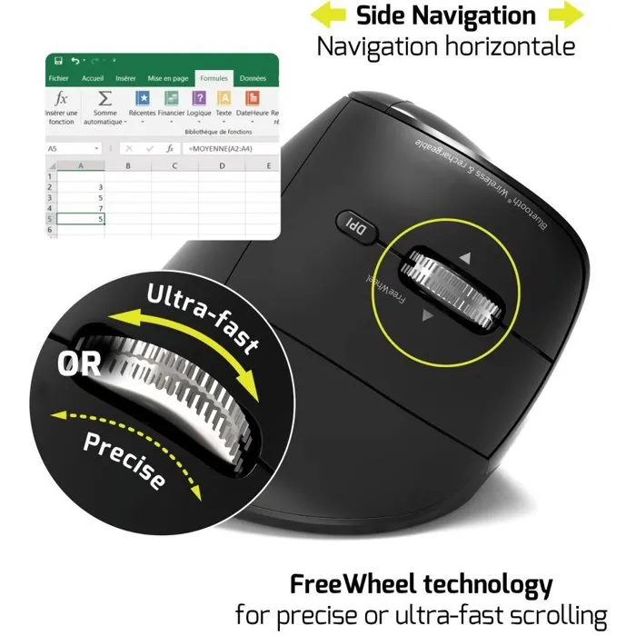 Port Designs Souris sans fil ergonomique 910204 ERGO AUDITOR - Bluetooth & 2.4 GHz - Rechargeable USB-C - Noir - 4800 DPI - 6 boutons