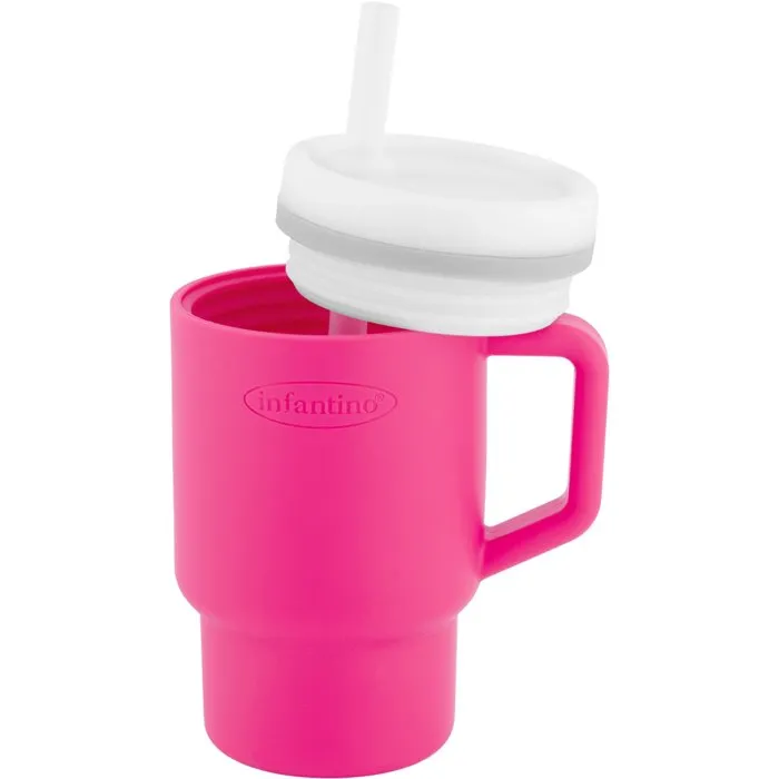 Infantino Ma Première Tasse en Silicole avec Paille Anti-Fuite pour Bébé 255 ml (25.5cl) - Couleur Bubble Gum - Gobelet Léger et Lavable au Lave-Vaisselle