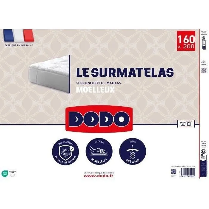 Dodo Surmatelas 160 x 200 cm, Enveloppe 65% Polyester 35% Coton, Garnissage Polyester Fibre Creuse 500g/m2
