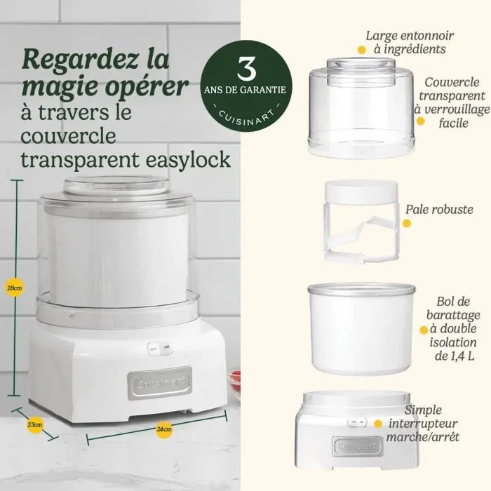 Cuisinart ICE21E Sorbetière électrique 1.4 L, préparation rapide 20 min, crème glacée, sorbet, yaourt glacé maison, 35 W
