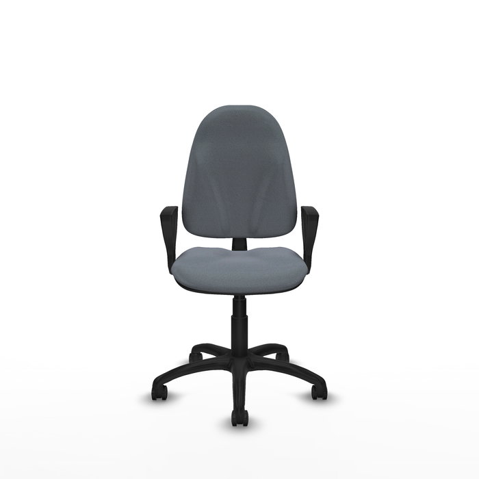 Chaise de bureau Algarra avec mécanisme de contact permanent de base, recouverte de tissu gris. Équipée d'une base en polyamide noir, d'accoudoirs fixes et de roulettes pour parquet.