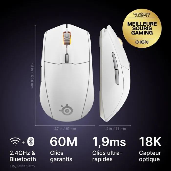 SteelSeries Rival 3 Gen 2 Souris Gaming Sans Fil – 1,9 ms Latence – TrueMove Air – 18 000 DPI – Blanc