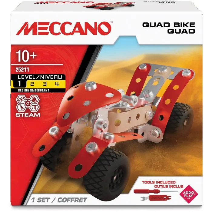 Meccano Coffret de Construction APM11114 pour Quad, Jeu de Construction en Pièces Métal et Plastique avec Outils pour Enfants
