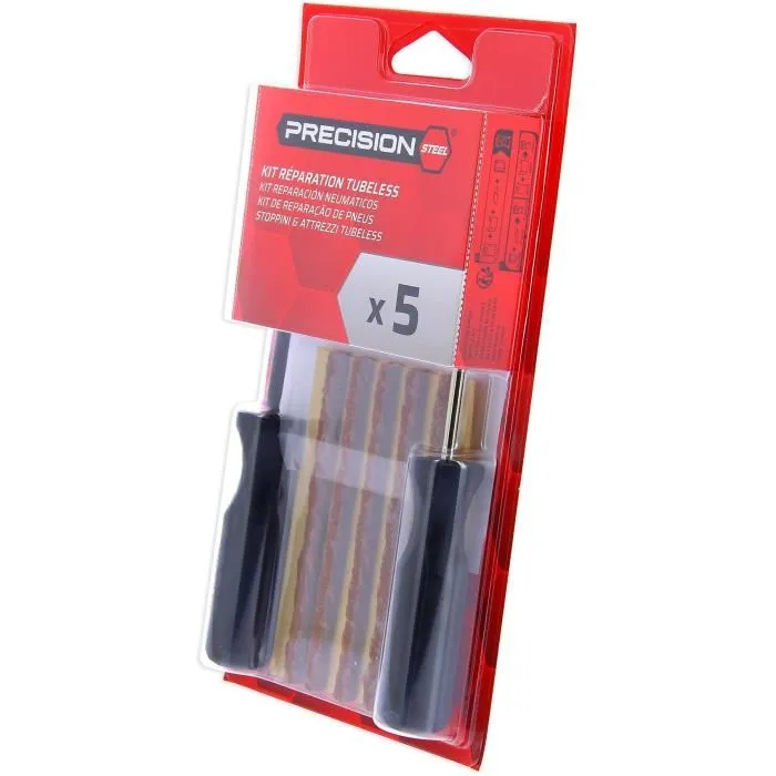 Powertrac Kit de Réparation Pneus Tubeless - 5 Mèches Auto-vulcanisantes et 2 Outils de Pose - PRECISION STEEL Powertrac Kit de Réparation Pneus Tubeless - 5 Mèches Auto-vulcanisantes et 2 Outils de Pose - PRECISION STEEL