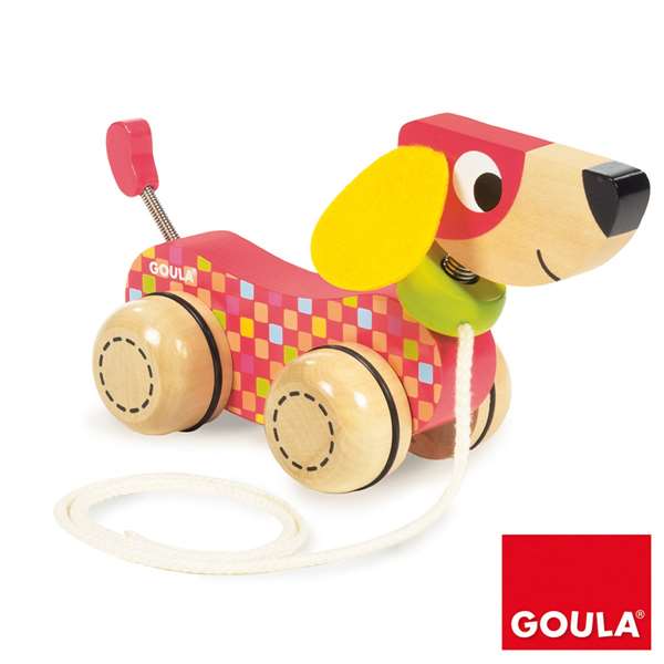 Goula Chien en bois à tirer, jouet d'éveil en bois pour enfant à partir de 1 an, langue espagnole