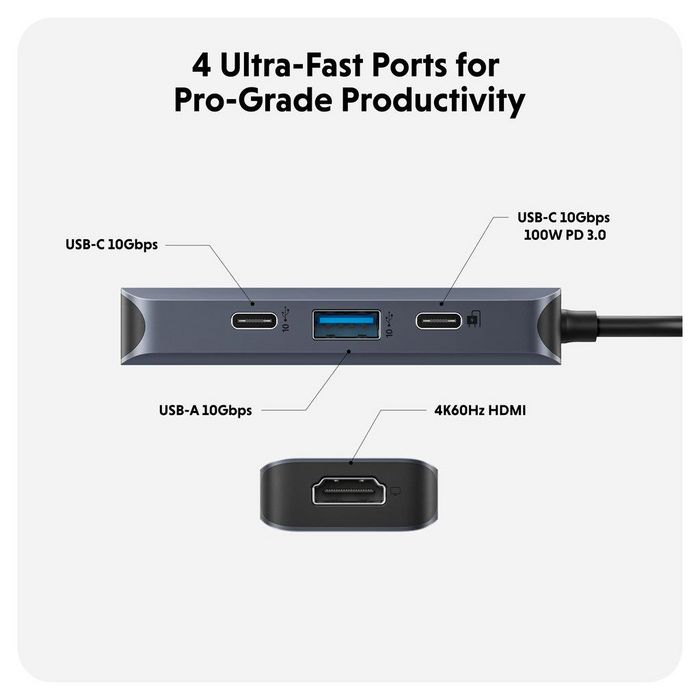 Hyper Hub USB-C vers 1x USB-A, 2x USB-C et 1x HDMI 4K 60Hz - Power Delivery 100W, 10 Gbps, portable pour Mac, PC, Chromebook