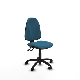 Chaise de bureau Algarra avec mécanisme Asincro, rembourrée de tissu vert pétrole. Équipée d'une base en polyamide noir, sans accoudoirs et de roulettes en nylon de 50 mm.
