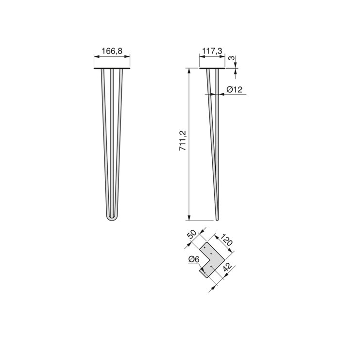 Emuca Lot de 4 pieds Hairpin de 3 fils par table, hauteur 710mm, Acier, Peint en blanc