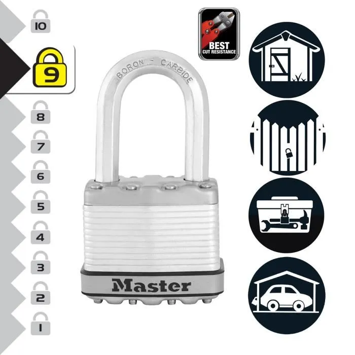 Master Lock Lot de 3 Cadenas à Clé Haute Sécurité M5EURTRILF - Acier Laminé Anticorrosion, Double Verrouillage 4 Goupilles, Anse 8 Pans en Carbure de Bore, 50 mm