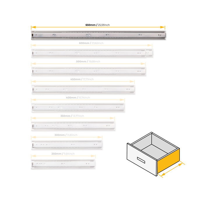 Emuca Lot de 5 coulisses pour tiroirs, roulement à billes, hauteur 45mm, profondeur 650mm, sortie totale, zingué Emuca Lot de 5 coulisses pour tiroirs, roulement à billes, hauteur 45mm, profondeur 650mm, sortie totale, zingué