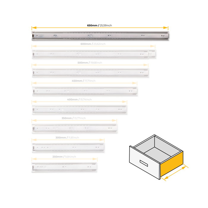 Emuca Lot de 5 coulisses pour tiroirs, roulement à billes, hauteur 45mm, profondeur 650mm, sortie totale, zingué