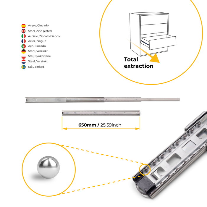 Emuca Lot de 5 coulisses pour tiroirs, roulement à billes, hauteur 45mm, profondeur 650mm, sortie totale, zingué Emuca Lot de 5 coulisses pour tiroirs, roulement à billes, hauteur 45mm, profondeur 650mm, sortie totale, zingué