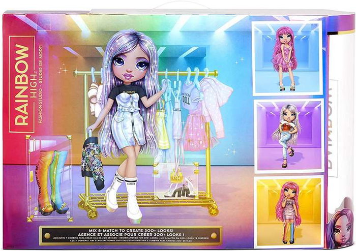 MGA Poupée Avery Fashion Studio Rainbow High 25 cm avec studio de mode, tenues dorées et accessoires