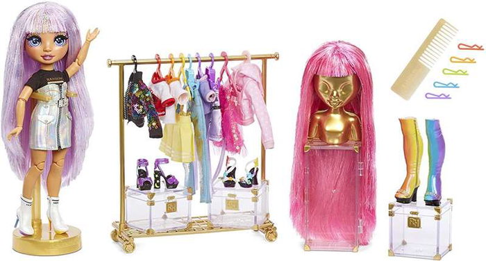 MGA Poupée Avery Fashion Studio Rainbow High 25 cm avec studio de mode, tenues dorées et accessoires
