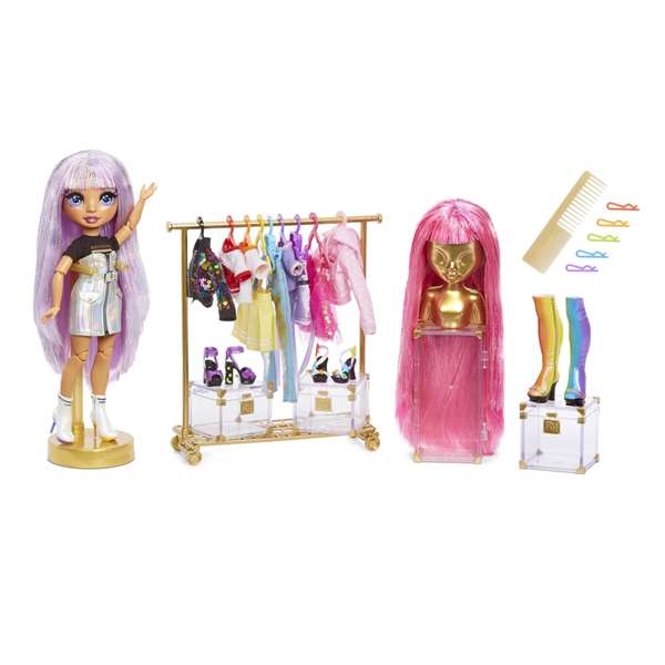 MGA Poupée Avery Fashion Studio Rainbow High 25 cm avec studio de mode, tenues dorées et accessoires