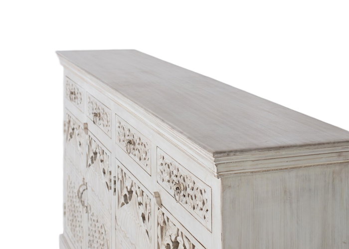 Buffet GINER Y COLOMER en bois de manguier, 4 portes et 4 tiroirs, couleur blanc vieilli - 180x40x90 cm