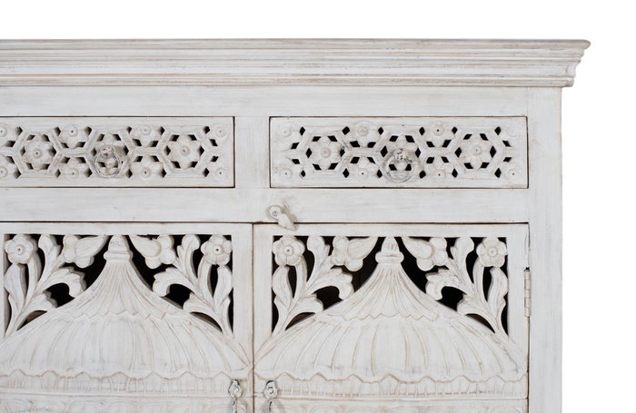 Buffet GINER Y COLOMER en bois de manguier, 4 portes et 4 tiroirs, couleur blanc vieilli - 180x40x90 cm