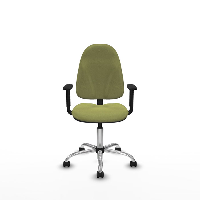 Chaise de bureau Algarra avec mécanisme Contact permanent de base, rembourrée de tissu vert olive. Équipée d'une base chromée, d'accoudoirs 1D et de roulettes pour parquet