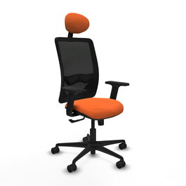 Chaise Zulema Synchro 3 positions tissu Orange Maille Noir Base en nylon noir Accoudoir 2D Appui-tête Roulettes 65mm nylon